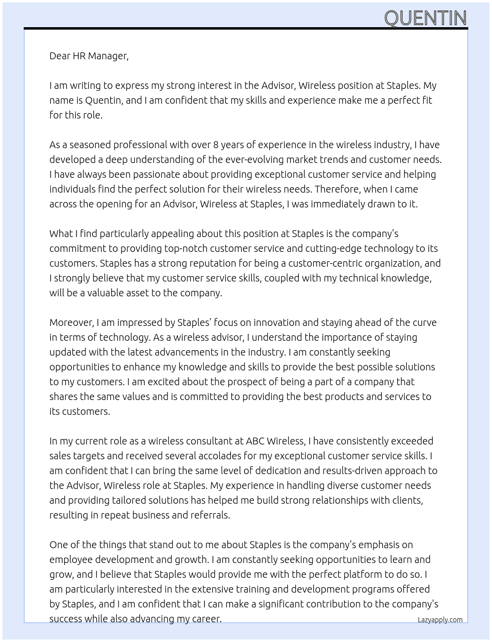 Advisor, Wireless At staples Cover Letter