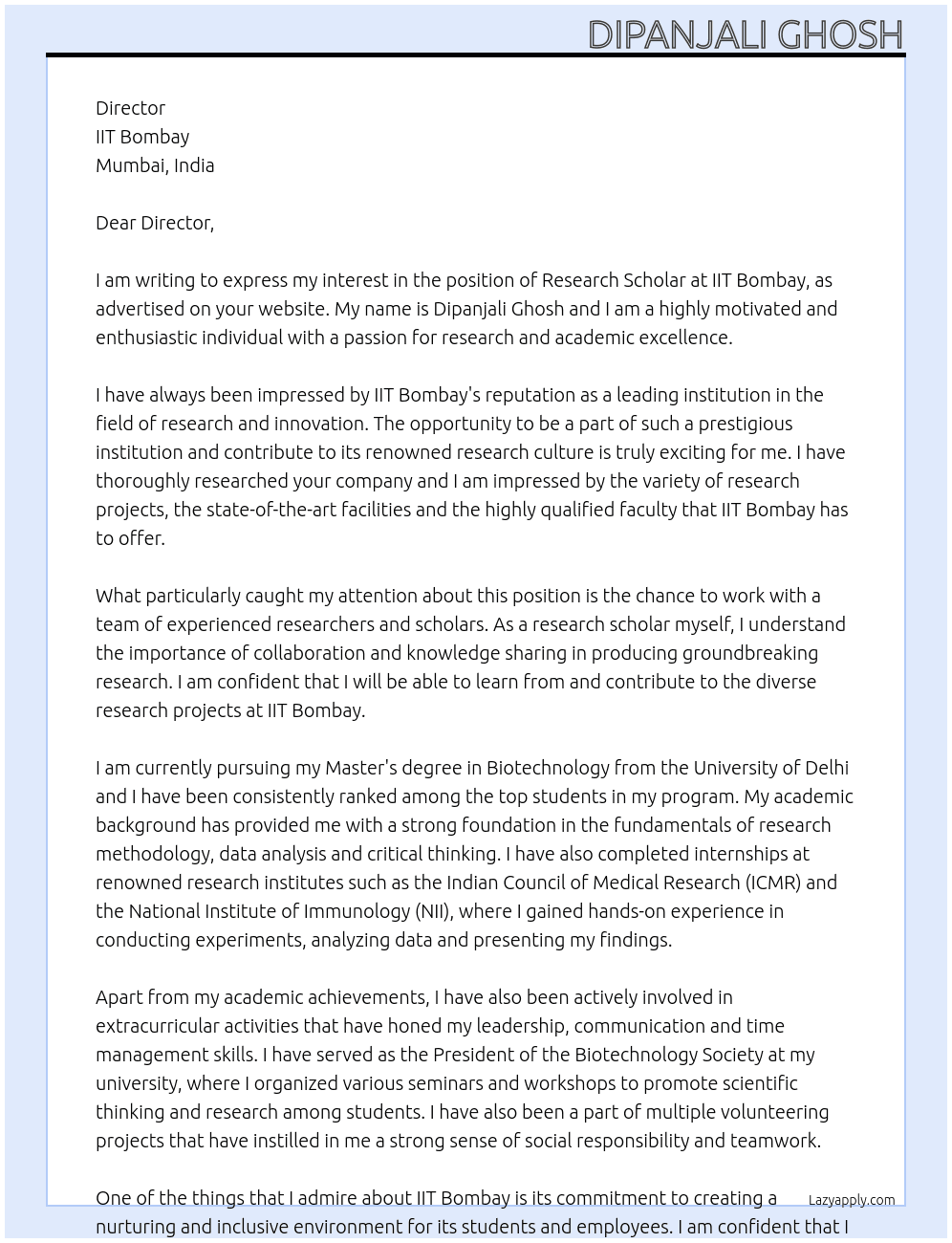 Research Scholar At IIT Bombay Cover Letter