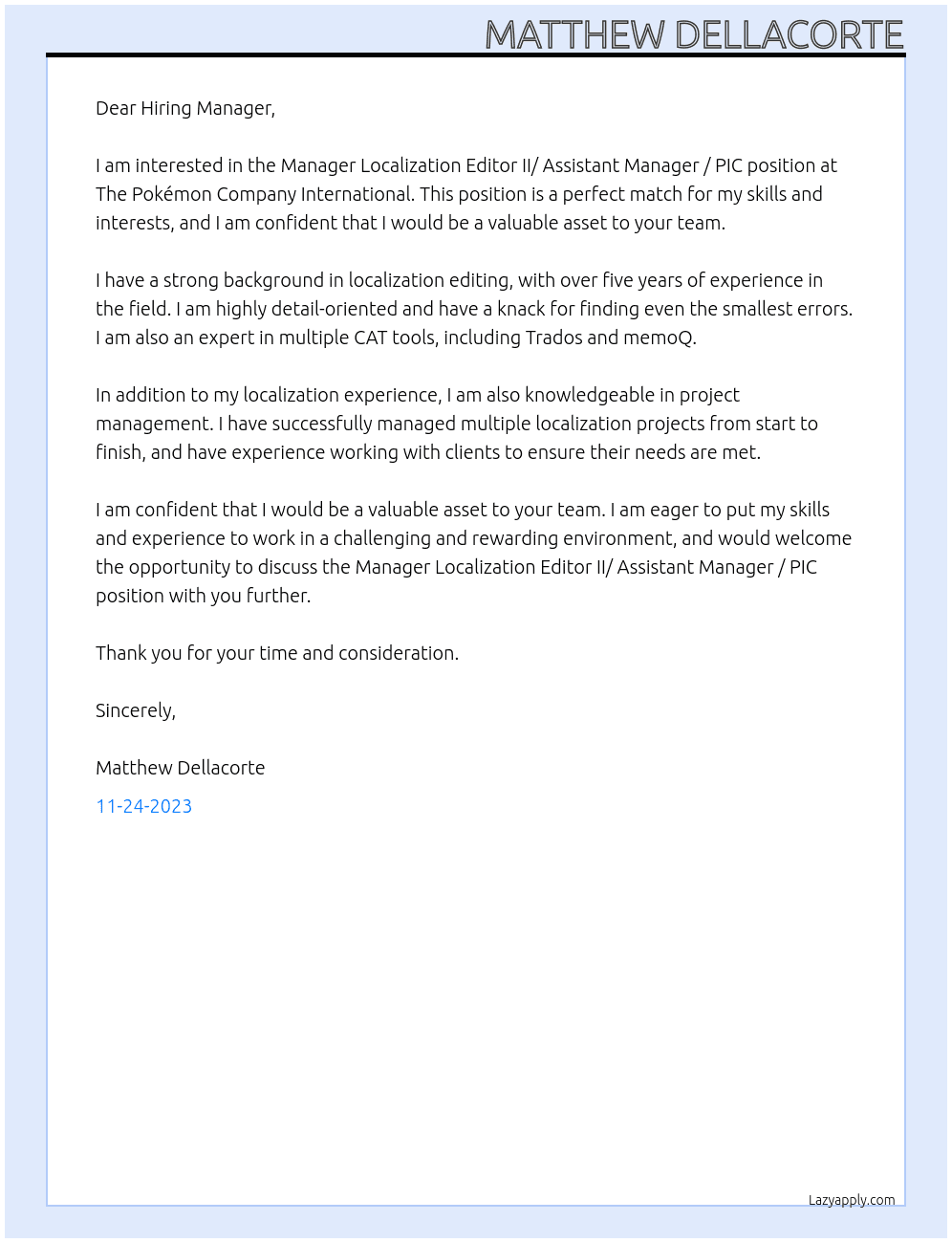 Manager Localization Editor II/ Assistant Manager / PIC At The Pokémon Company International Cover Letter