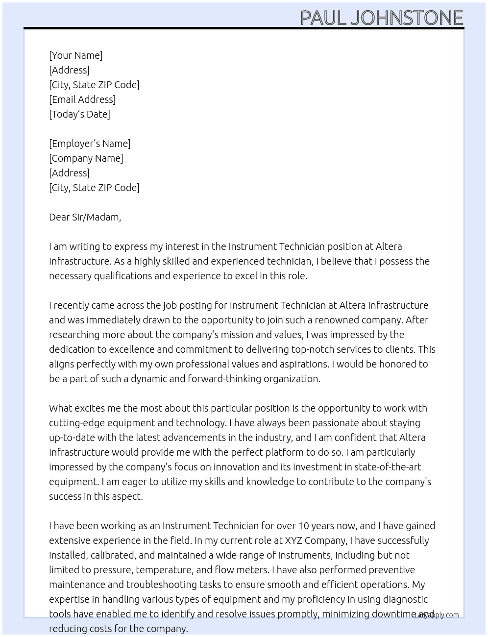 Instrument Technician  At Altera Infrastructure Cover Letter