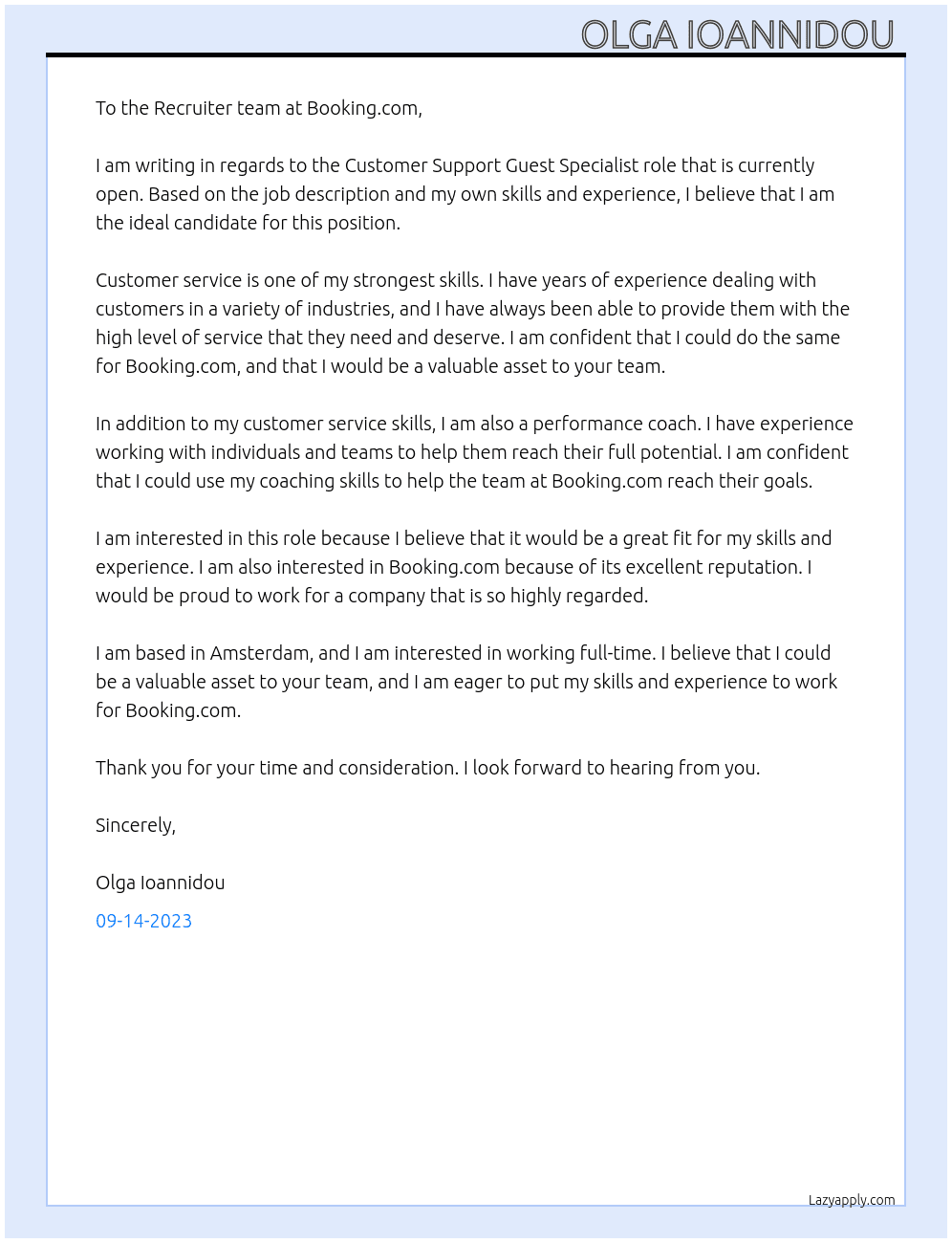 Customer support Guest Specialist At Booking.com Cover Letter