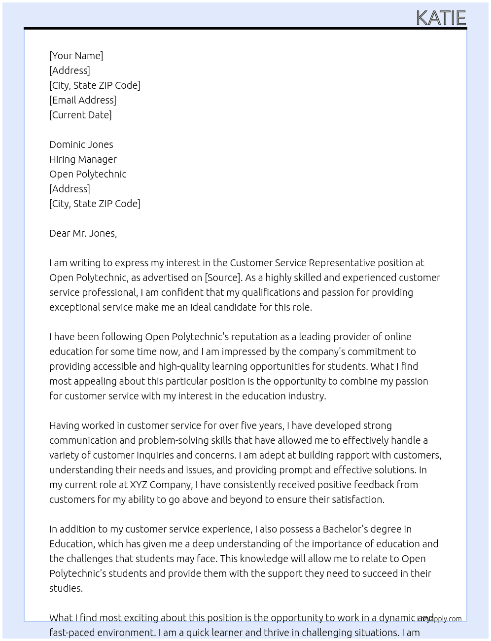 Customer Service Representative At Open Polytechnic Cover Letter