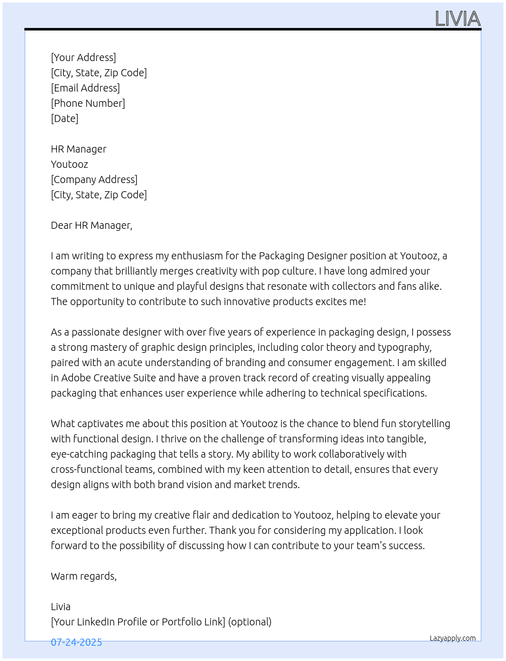 Packaging Designer At Youtooz Cover Letter