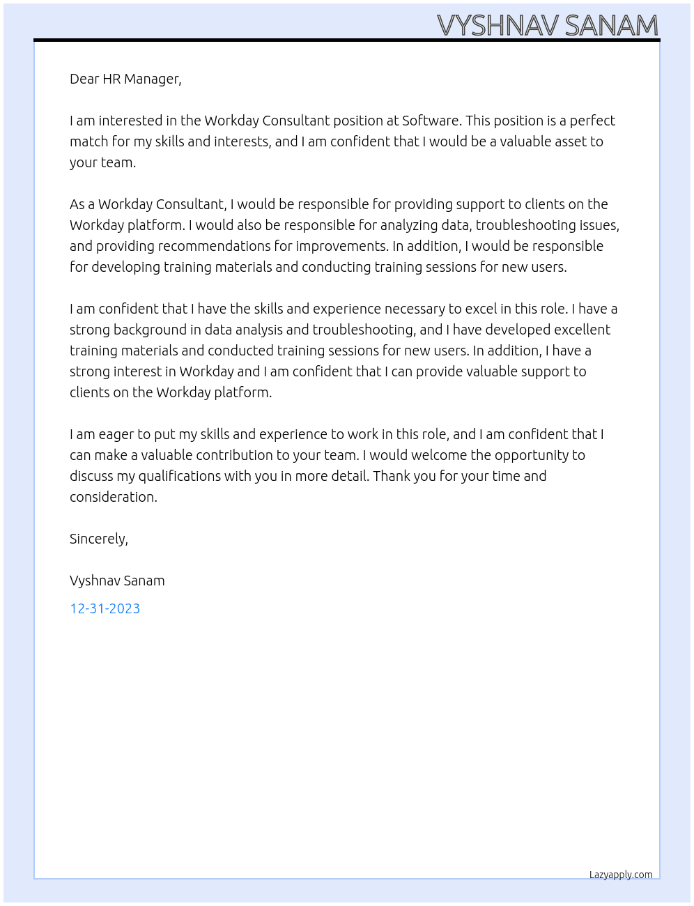 Workday Consultant At Software Cover Letter