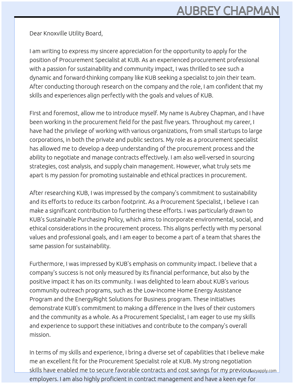 Procurement Specialist At KUB Cover Letter