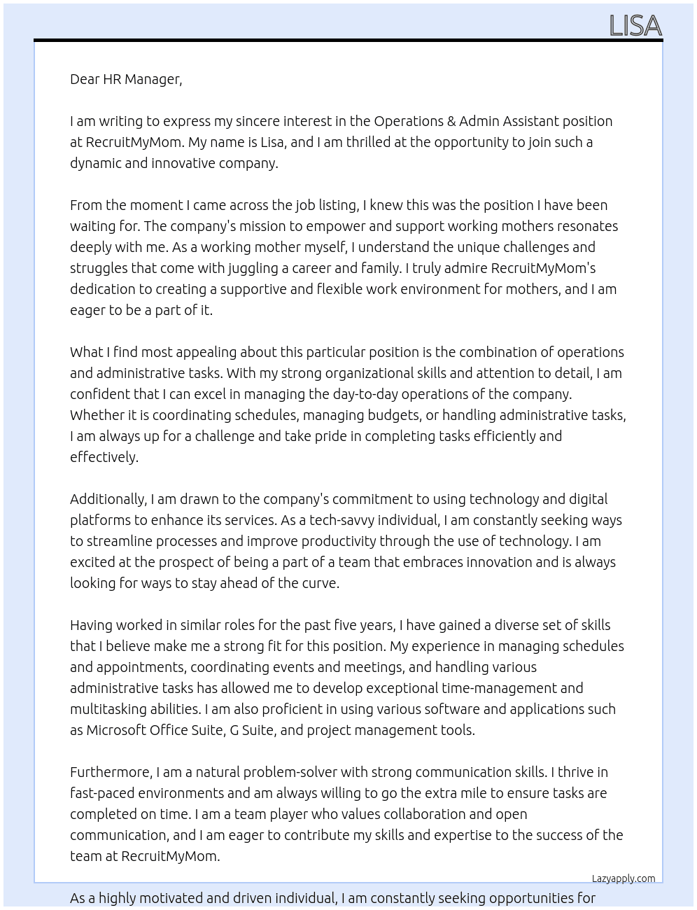 Operations & Admin Assistant At RecruitMyMom Cover Letter