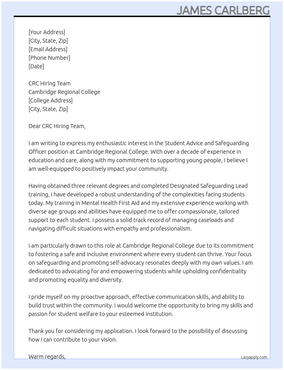 Student Advice and Safeguarding Officer At Cambridge Regional College Cover Letter