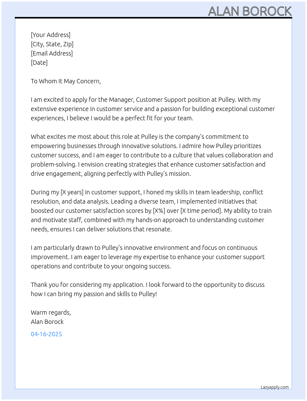 Manager, Customer Support At Pulley Cover Letter