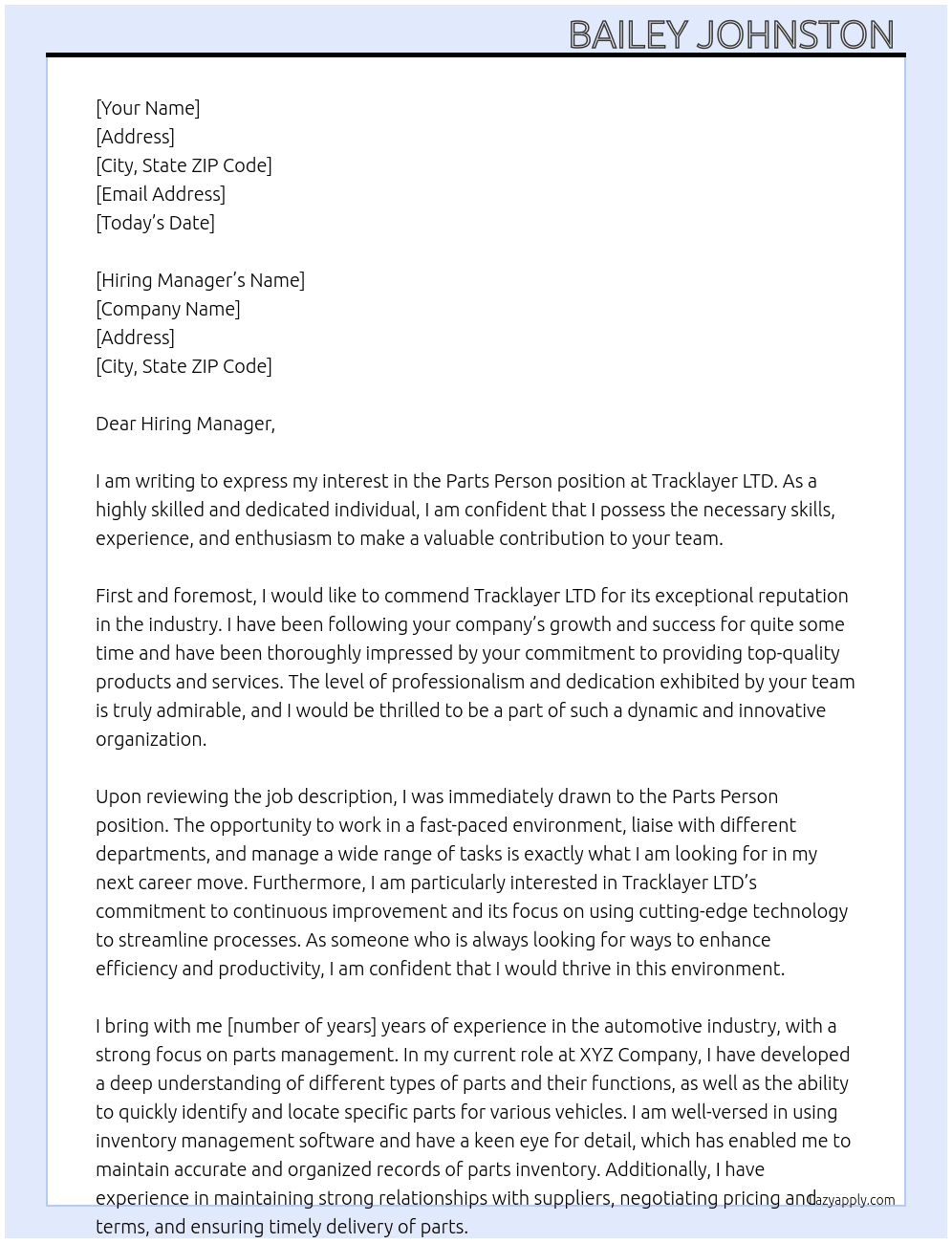 Parts Person  At Tracklayer LTD Cover Letter