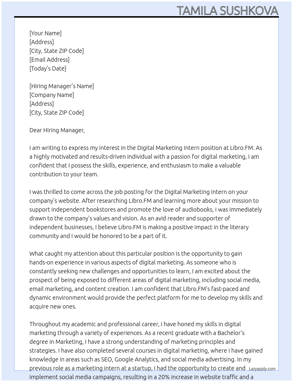 Digital Marketing Intern At Libro.FM Cover Letter