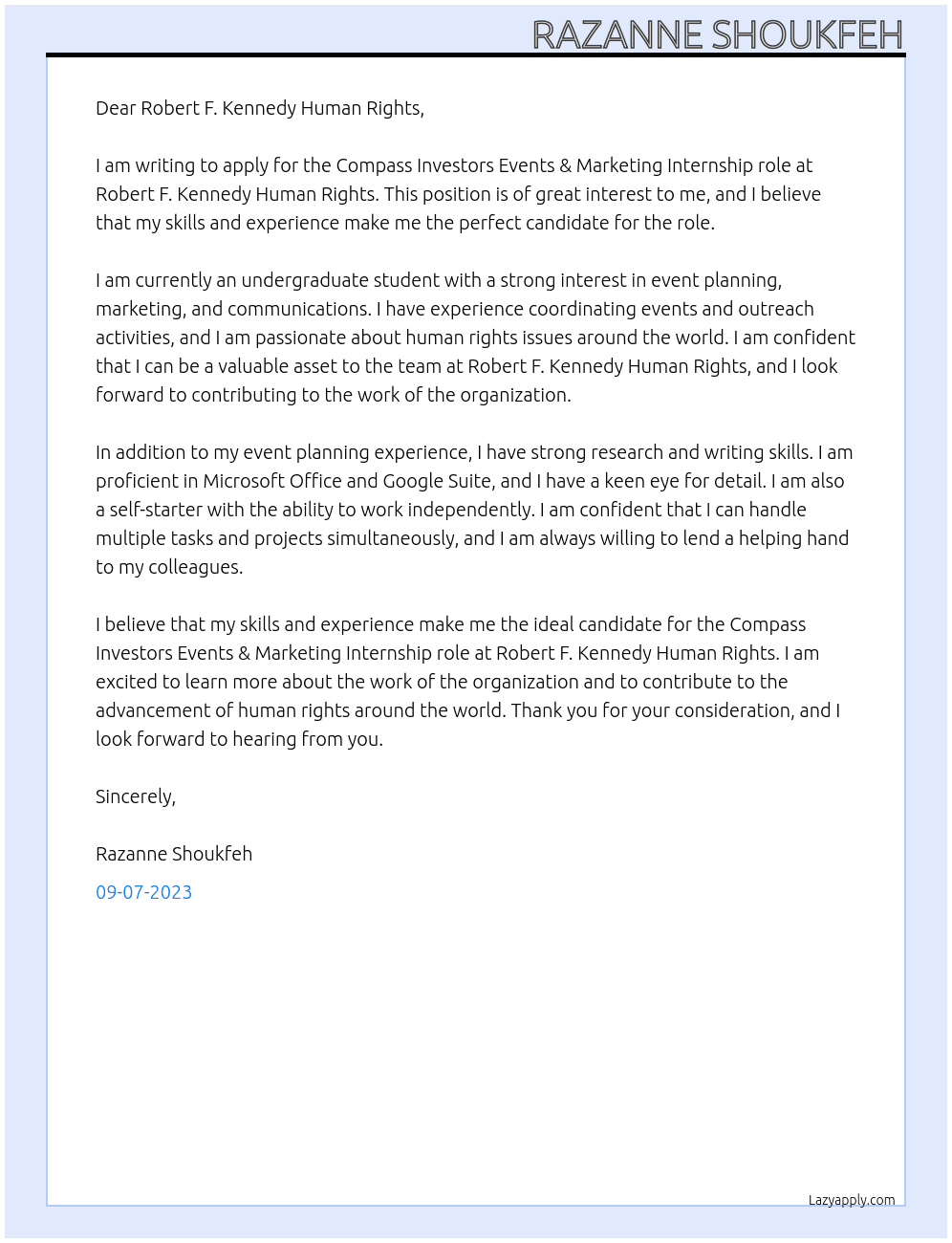 Compass Investors Events & Marketing Internship At  Robert F. Kennedy Human Rights Cover Letter