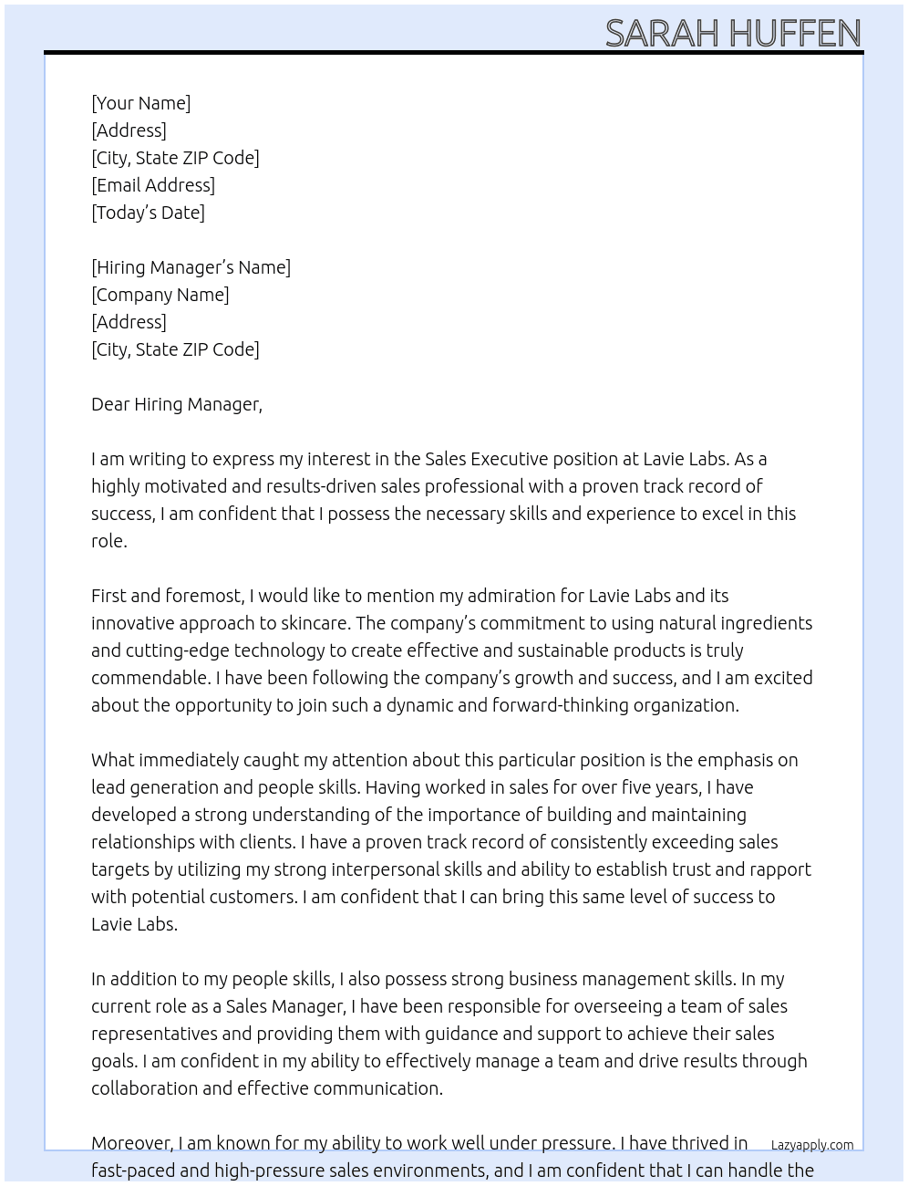 Sales Executive At Lavie Labs Cover Letter