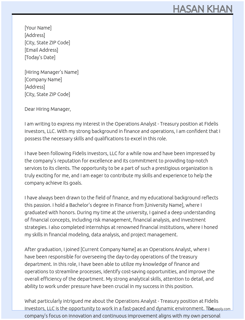 Operations Analyst - Treasury At Fidelis Investors, LLC Cover Letter