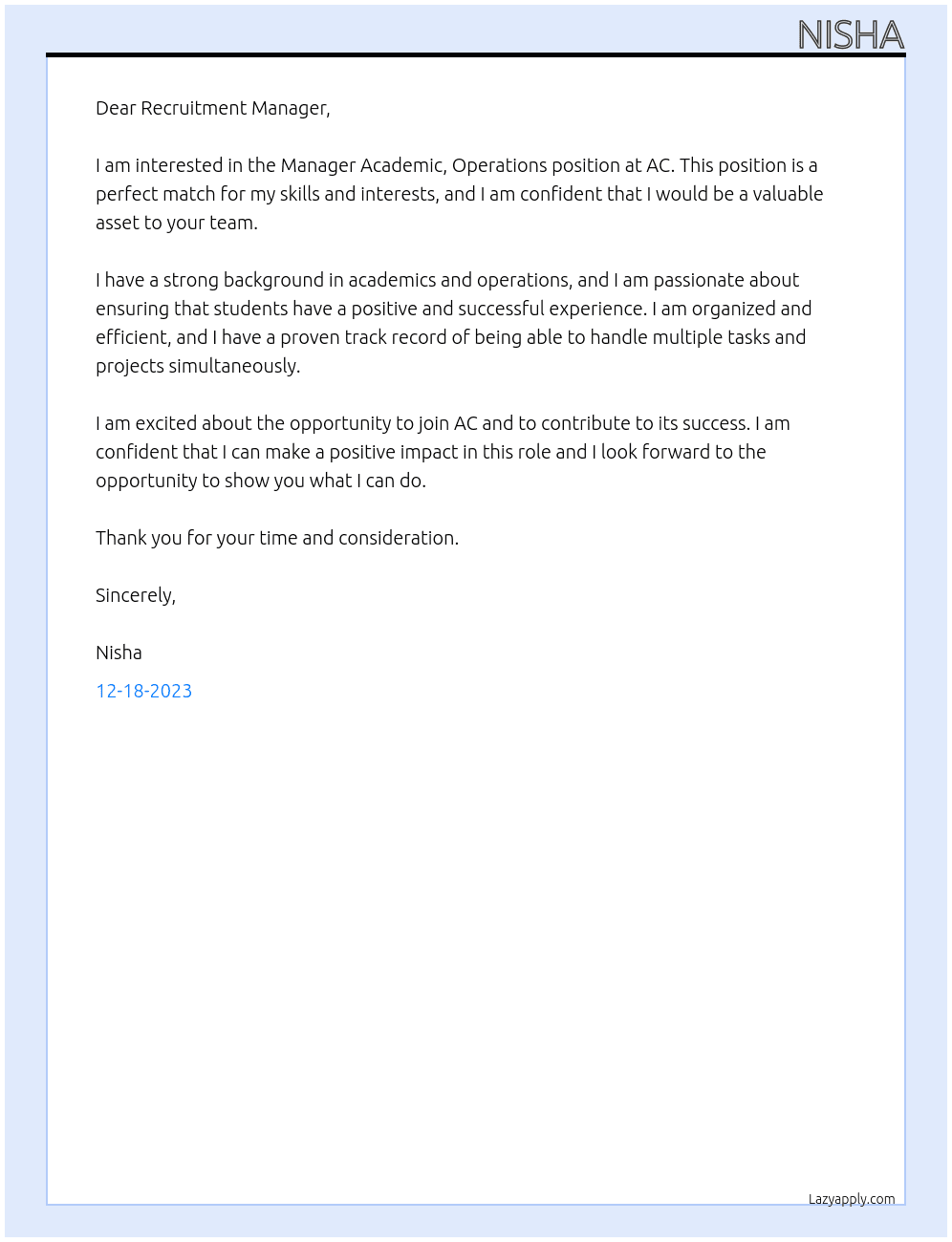 Manager Academic, Operations  At AC Cover Letter