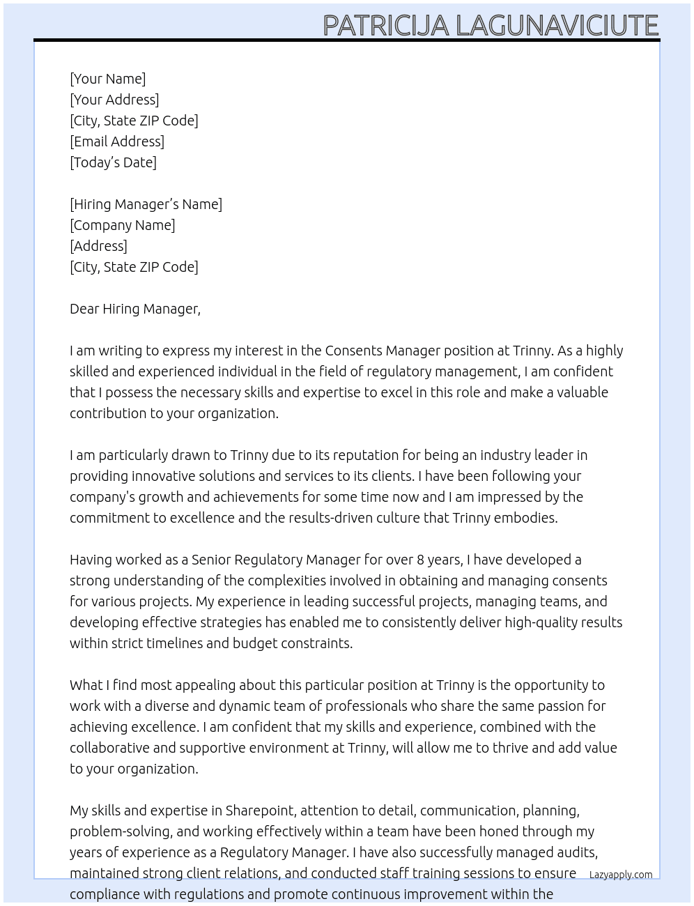 Consents Manager At Trinny Cover Letter