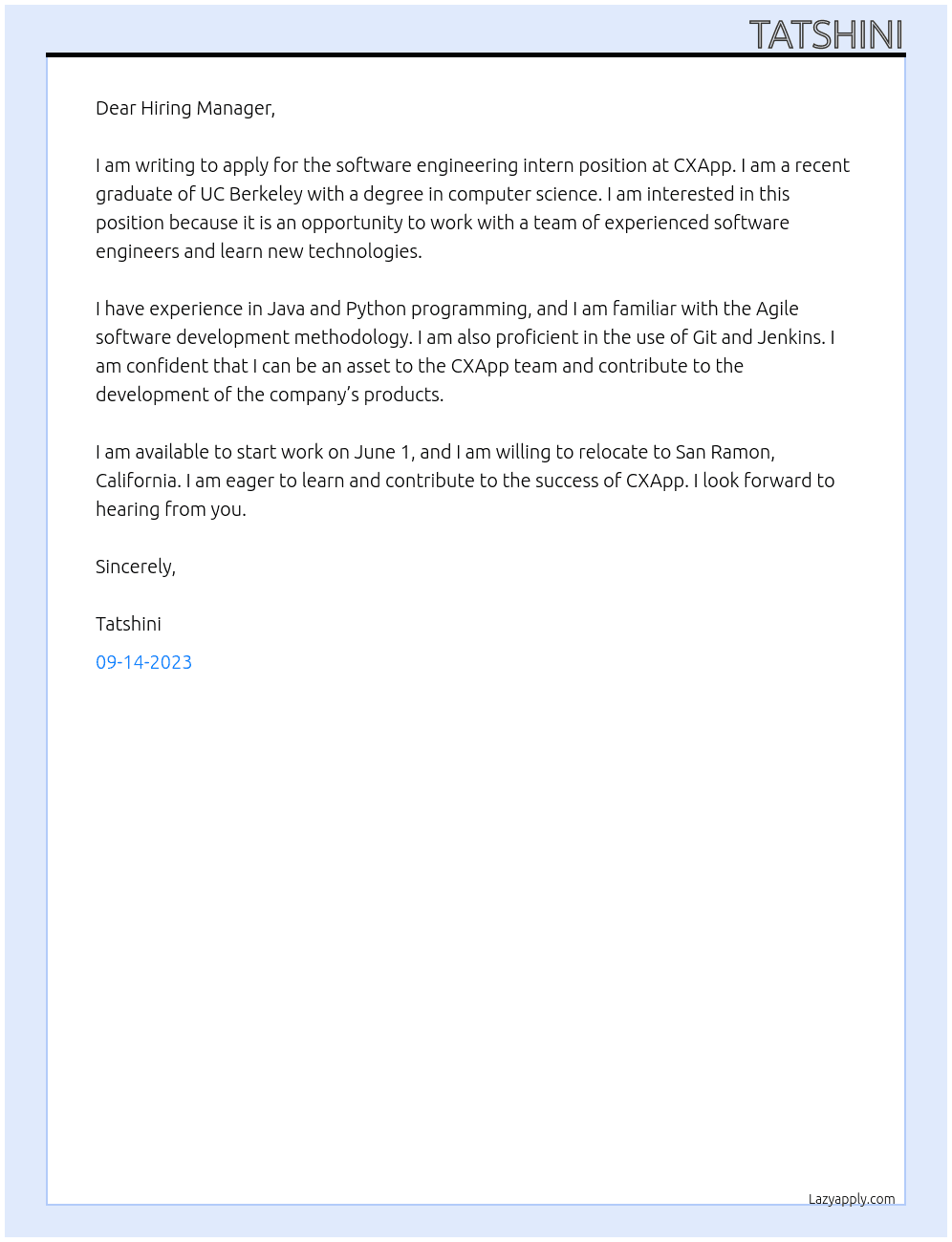 Software engineering intern At CXApp Cover Letter