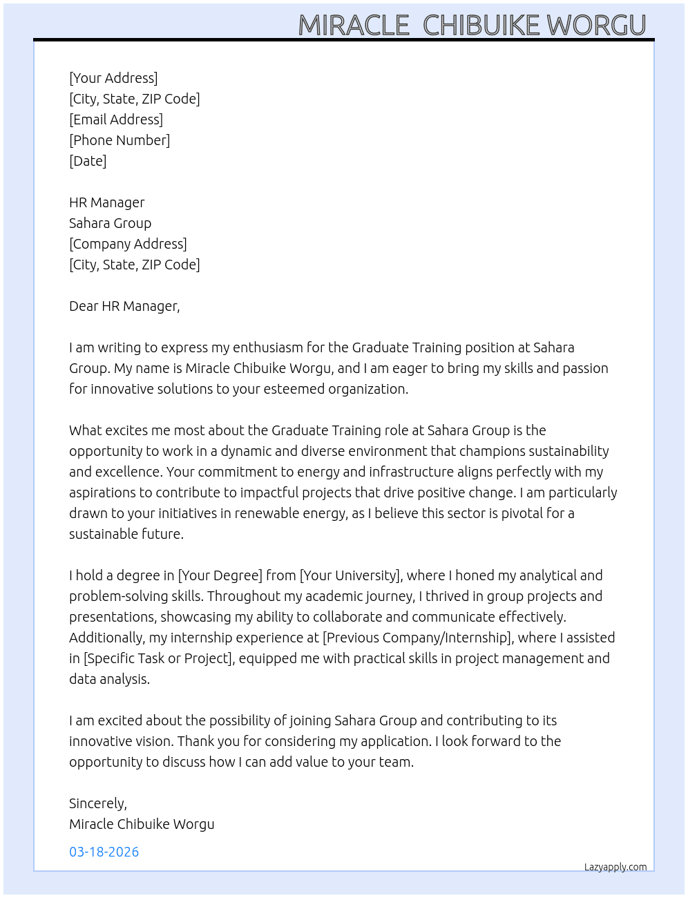 Graduate training  At Sahara group  Cover Letter