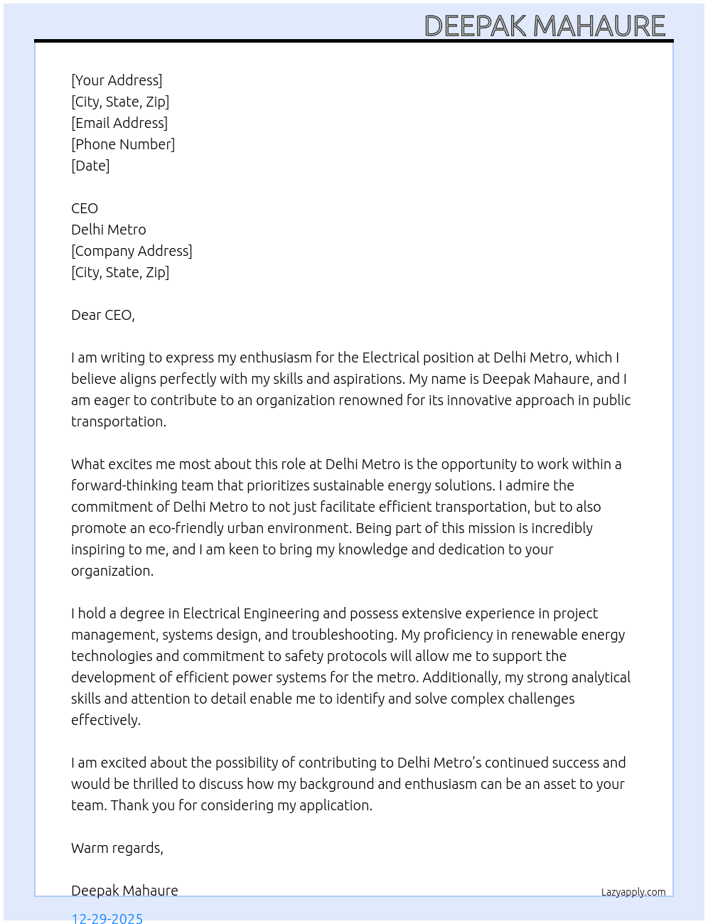 Electrical At Delhi metro  Cover Letter