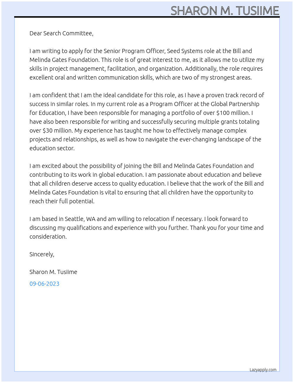 Senior Program Officer, Seed Systems At Bill and Melinda Gates Foundation Cover Letter