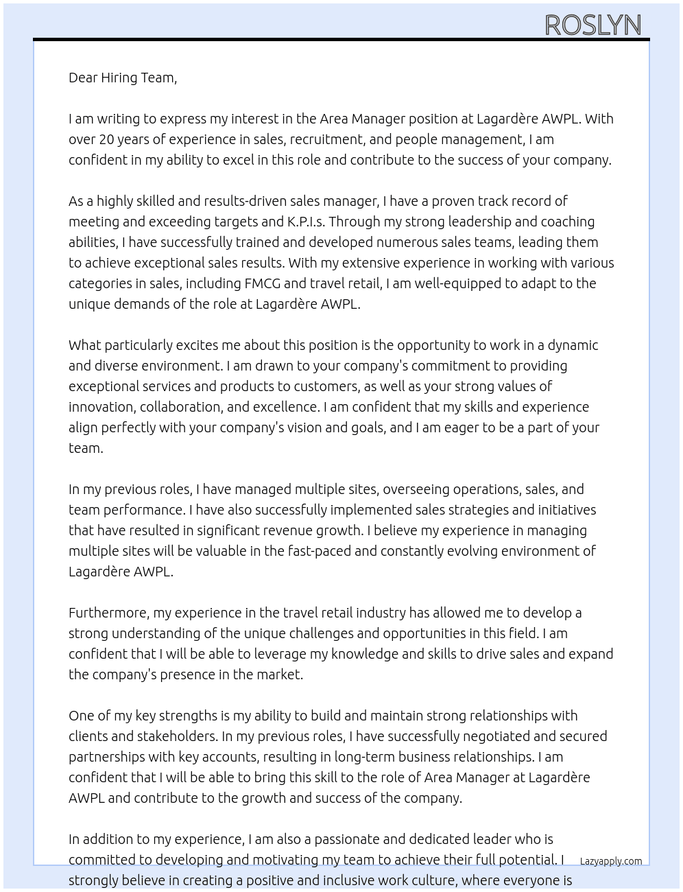 Area Manager  At Lagardère AWPL Cover Letter