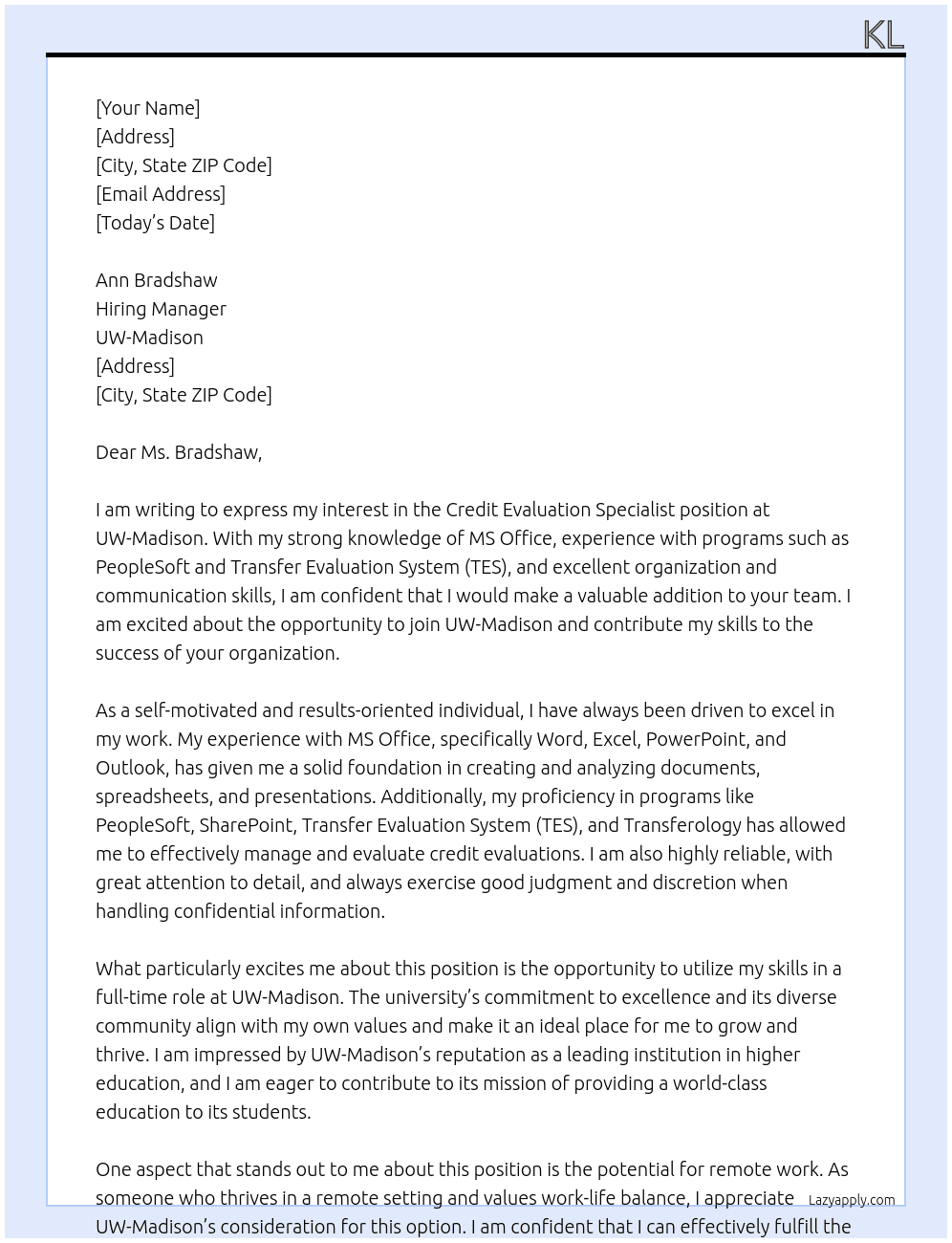 credit evaluation specialist At UW-Madison Cover Letter