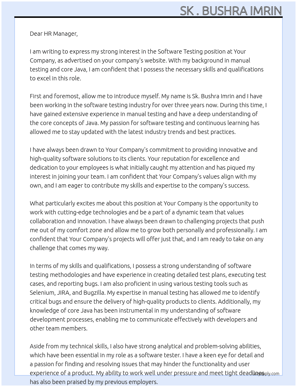 Software Testing  At Your Company  Cover Letter
