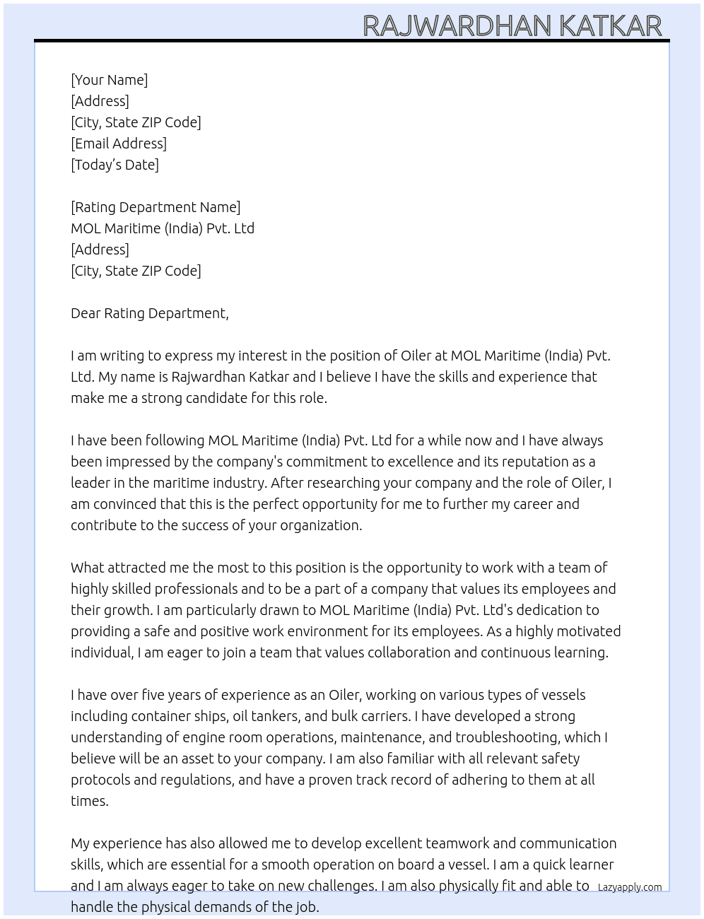 Oiler At MOL Maritime (India) Pvt. Ltd Cover Letter