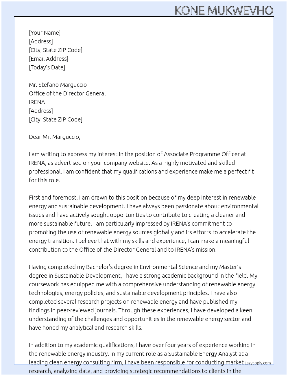 Associate Programme Officer - Office of the Director General At IRENA Cover Letter