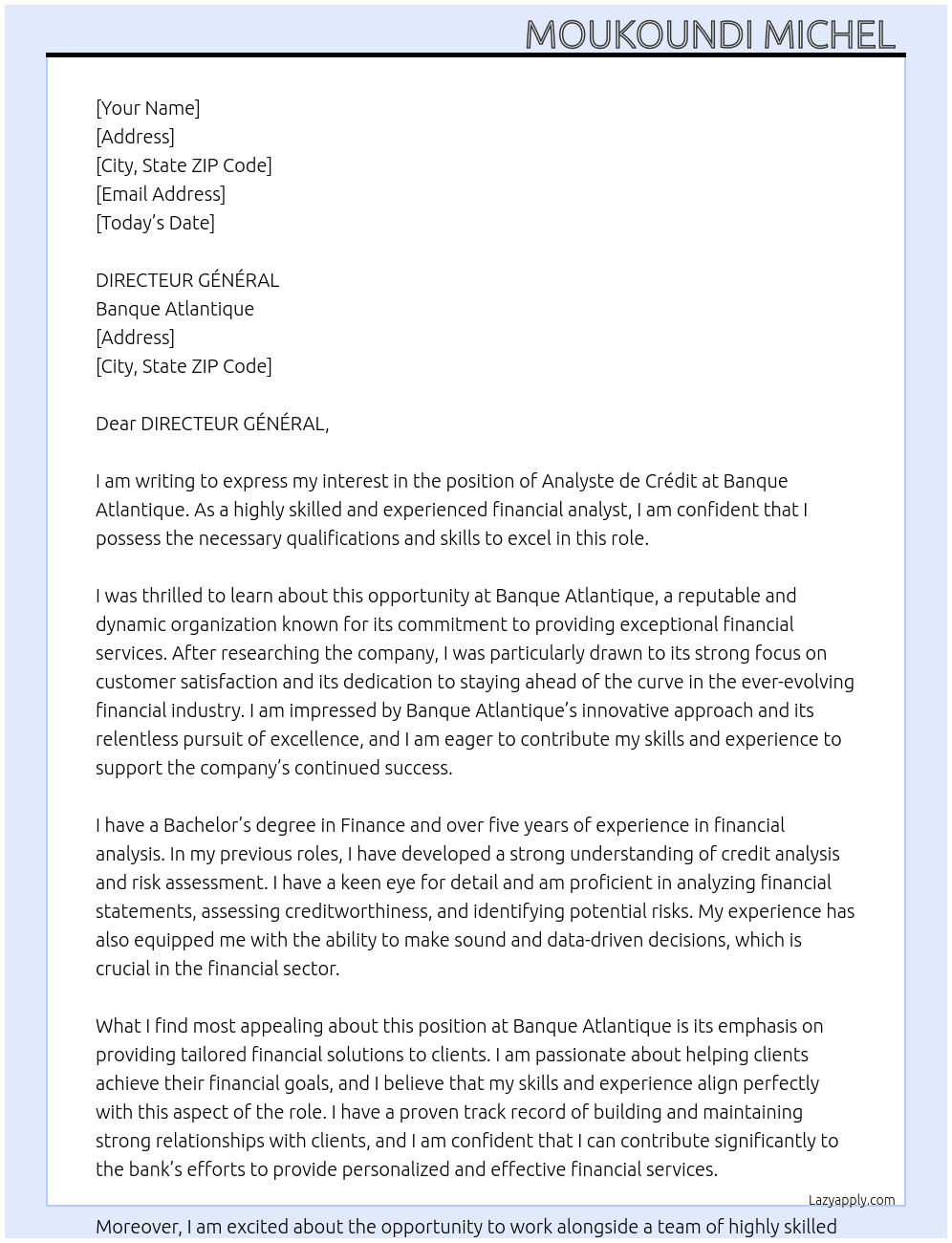 analyste de crédit  At banque atlantique  Cover Letter