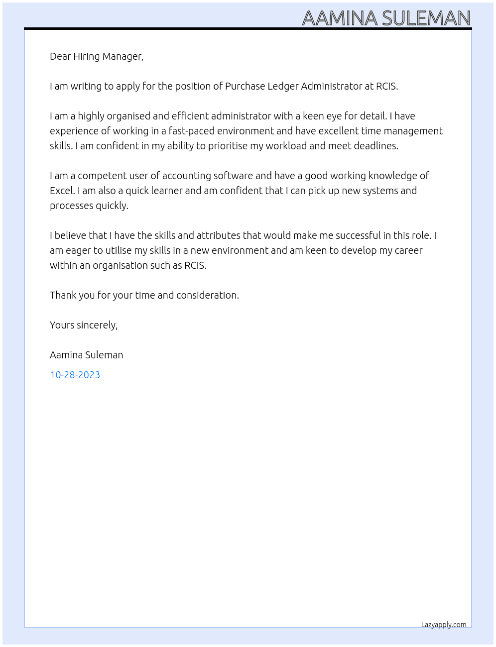 Purchase Ledger Administrator At RCIS Cover Letter