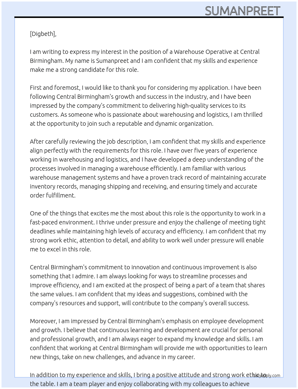 warehouse operative At central birmingham Cover Letter