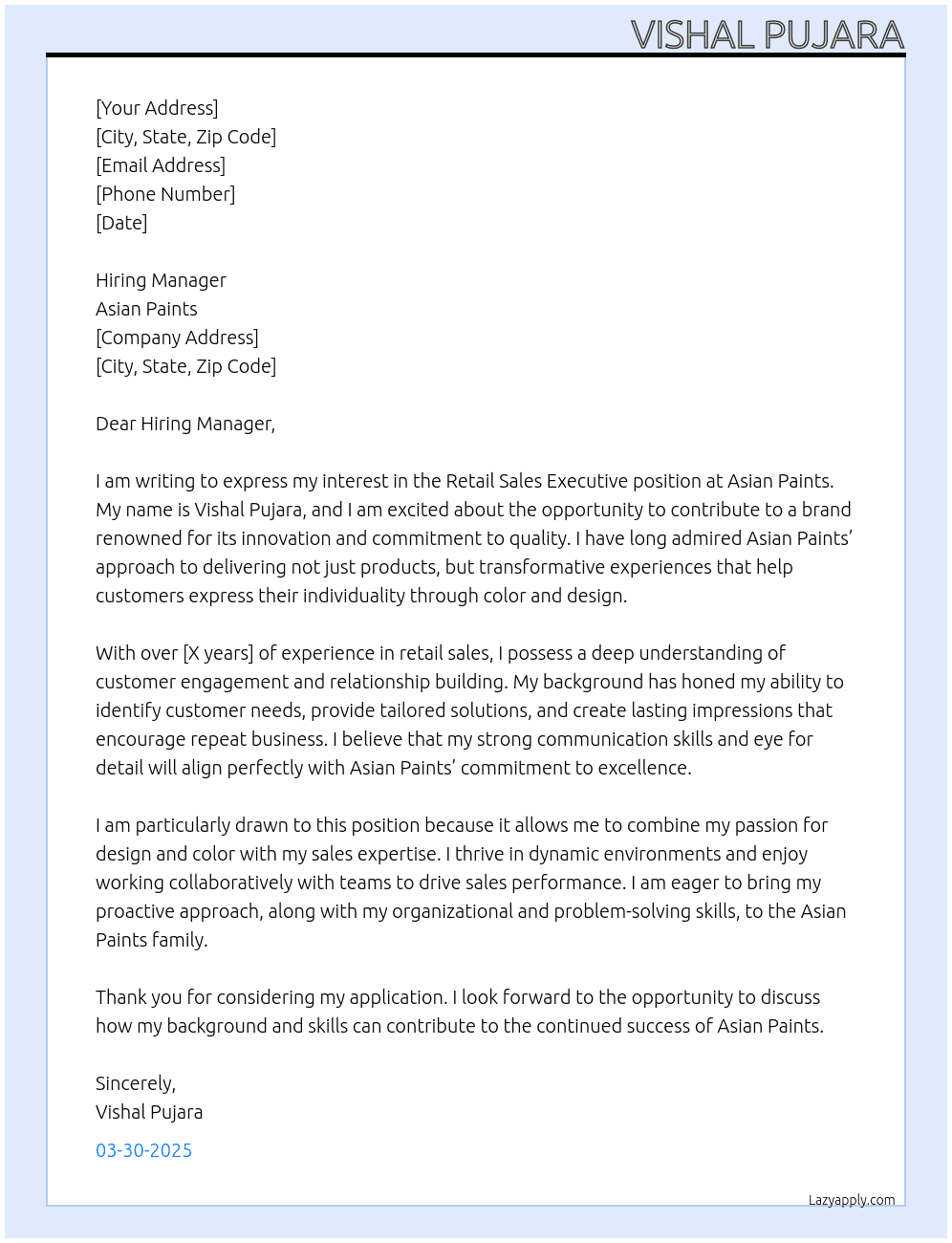 Retail sales executive  At Asian paints Cover Letter