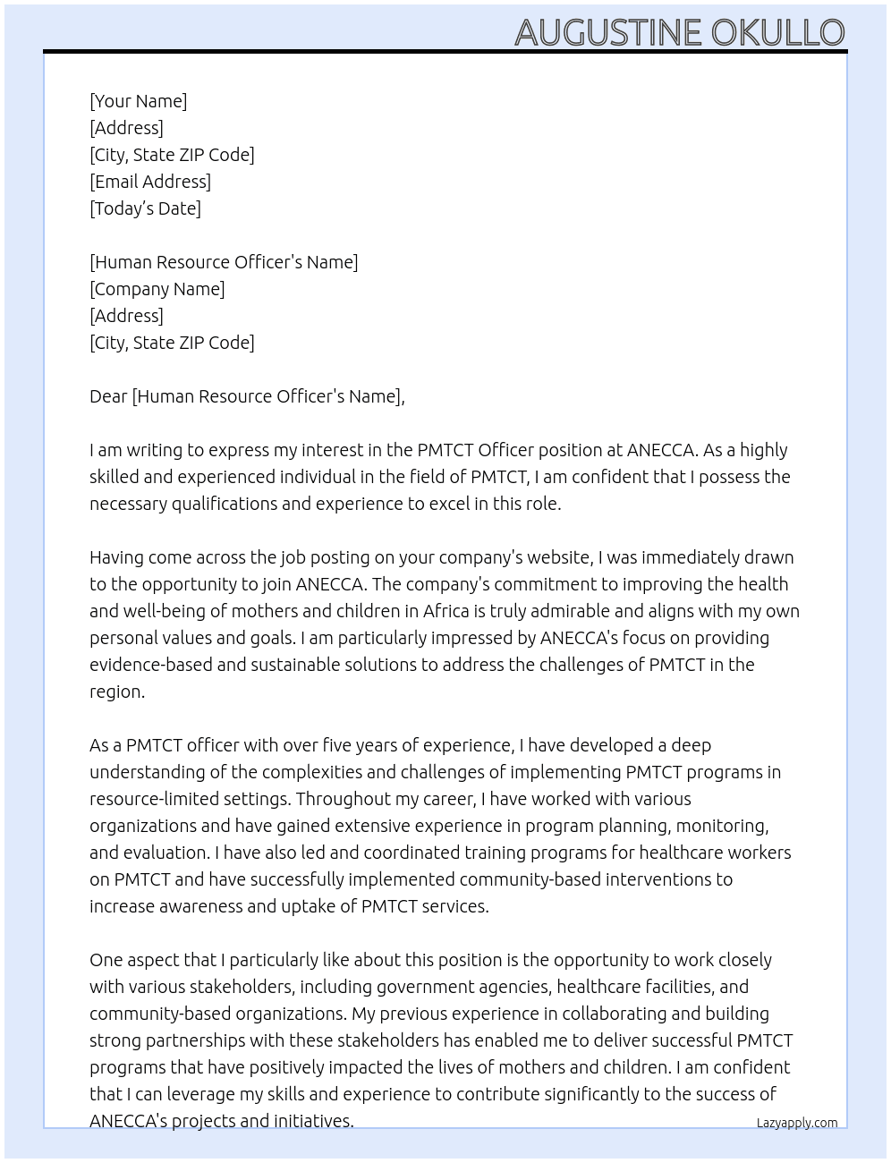 PMTCT officer At ANECCA Cover Letter