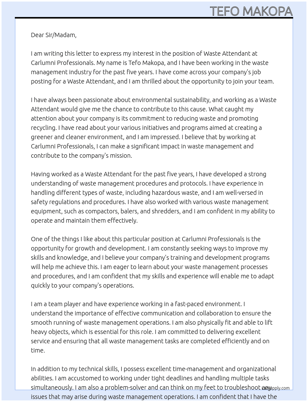WASTE ATTENDANTS At Carlumni Professionals  Cover Letter