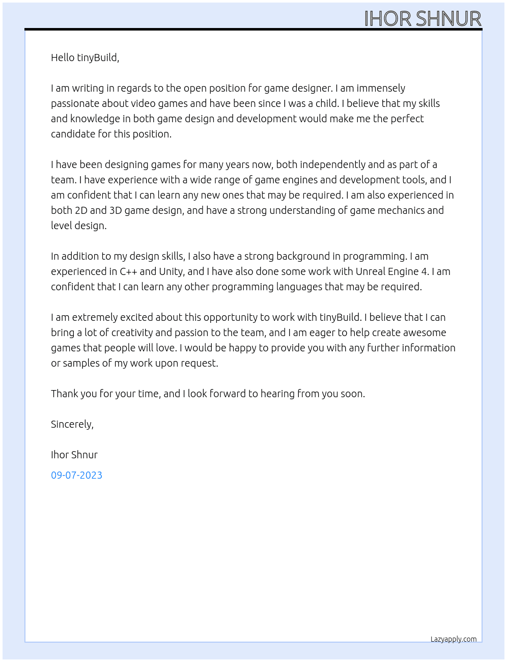Game designer At tinyBuild Cover Letter