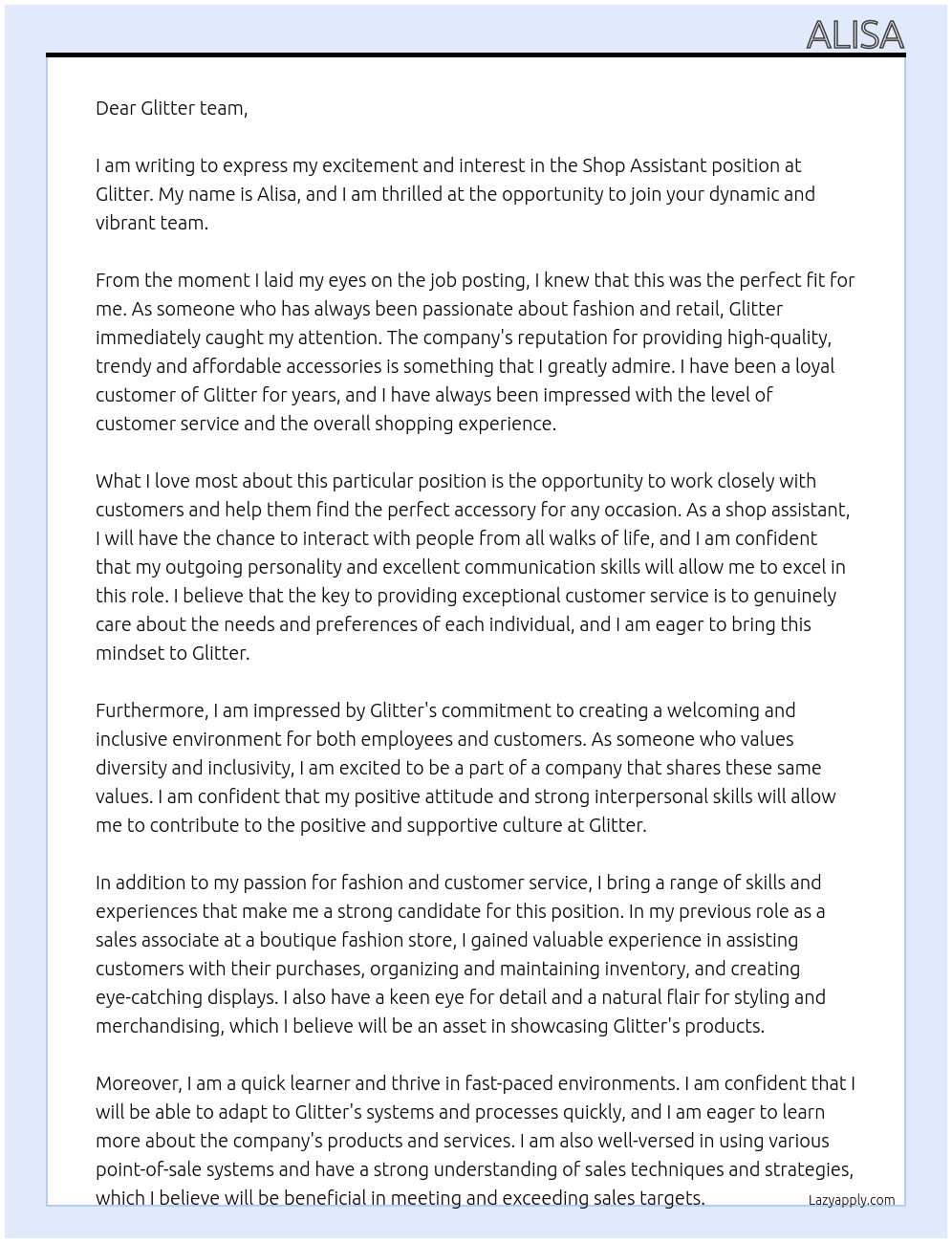 Shop assistant At glitter Cover Letter