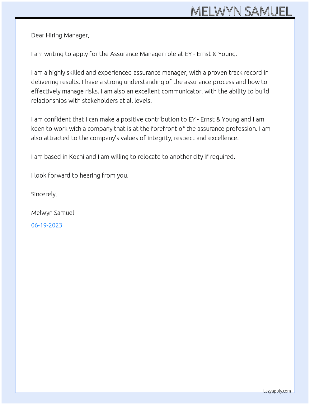Assurance Manager At EY - Ernst & Young Cover Letter