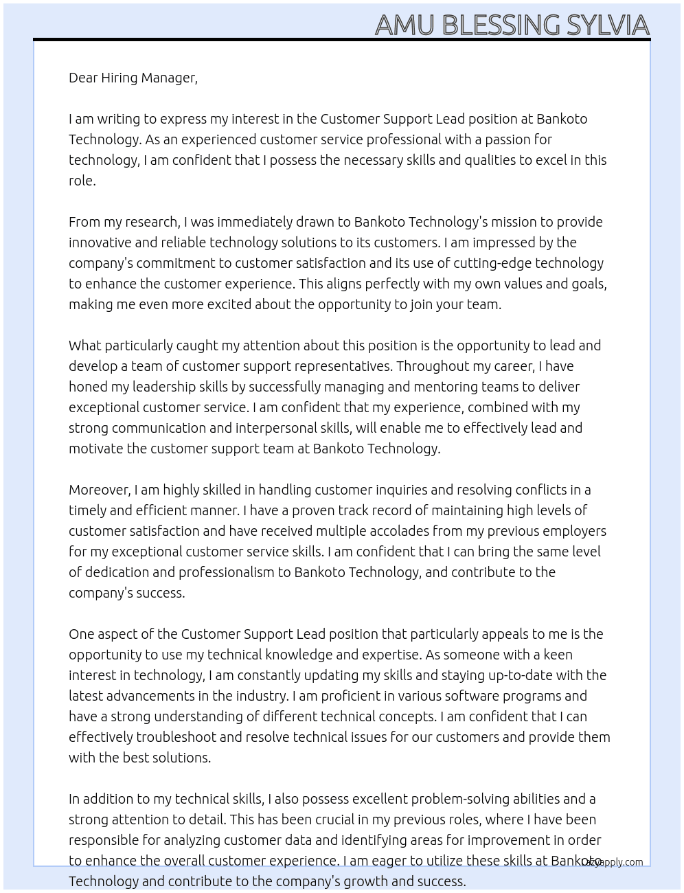 Customer Support Lead At Bankoto Technology Cover Letter