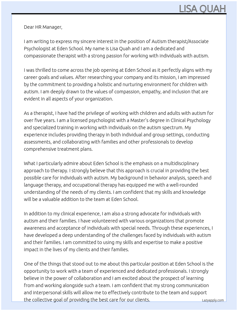 Autism therapist/Associate Psychologist At Eden School Cover Letter