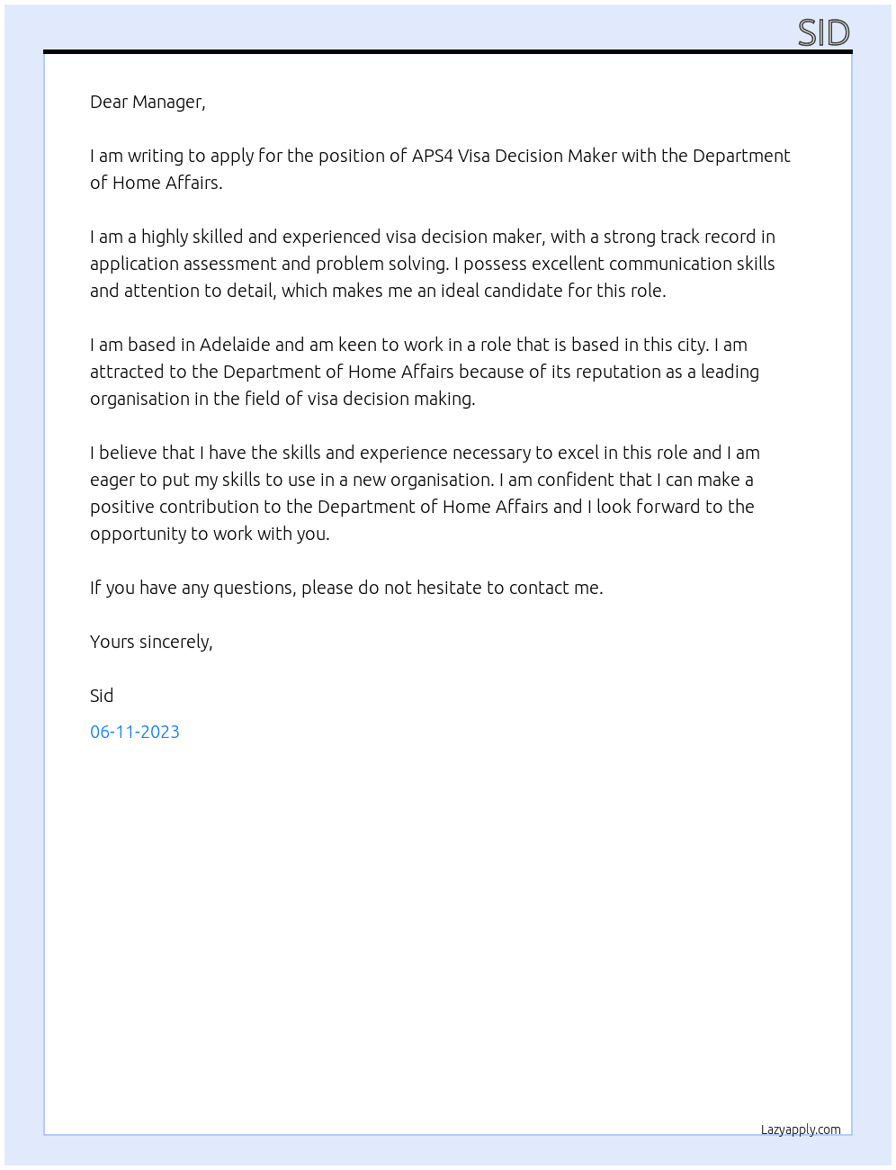 aps4 visa decision maker At department of home affairs Cover Letter