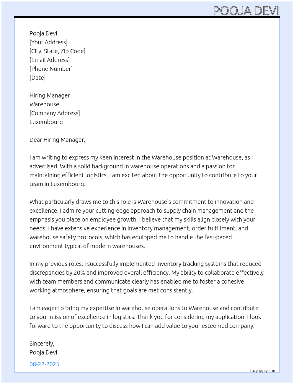 Warehouse  At Warehouse Cover Letter