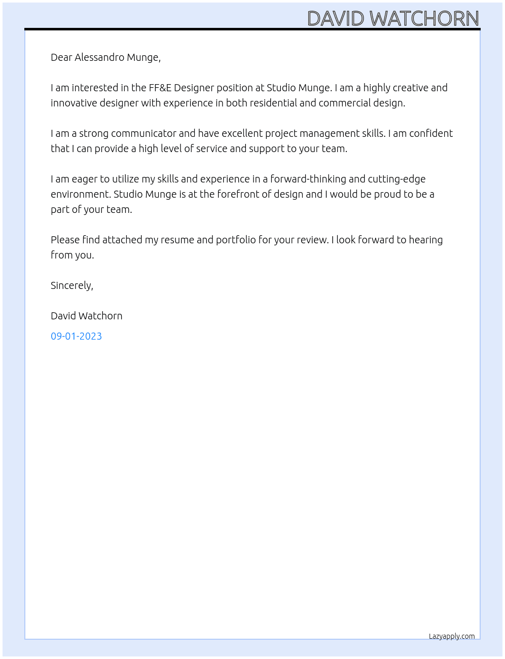 FF&E Designer At Studio Munge Cover Letter