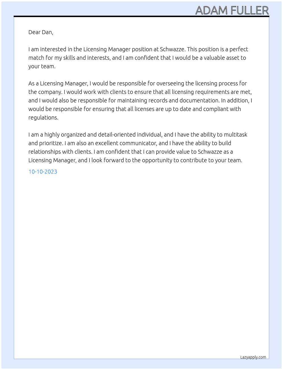 Licensing Manager At Schwazze Cover Letter