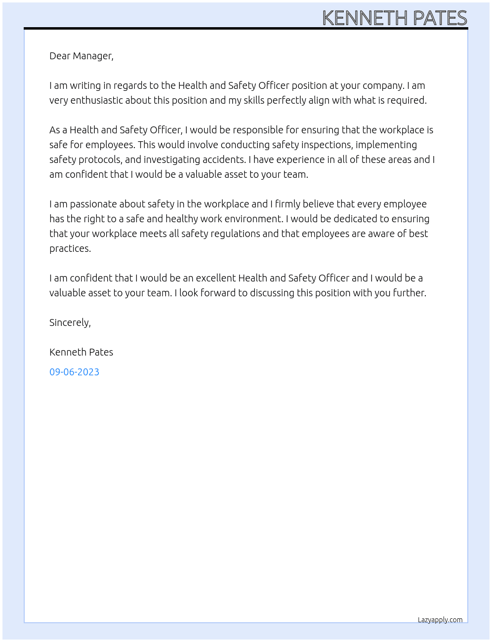 Health and Safety Officer At abc company Cover Letter