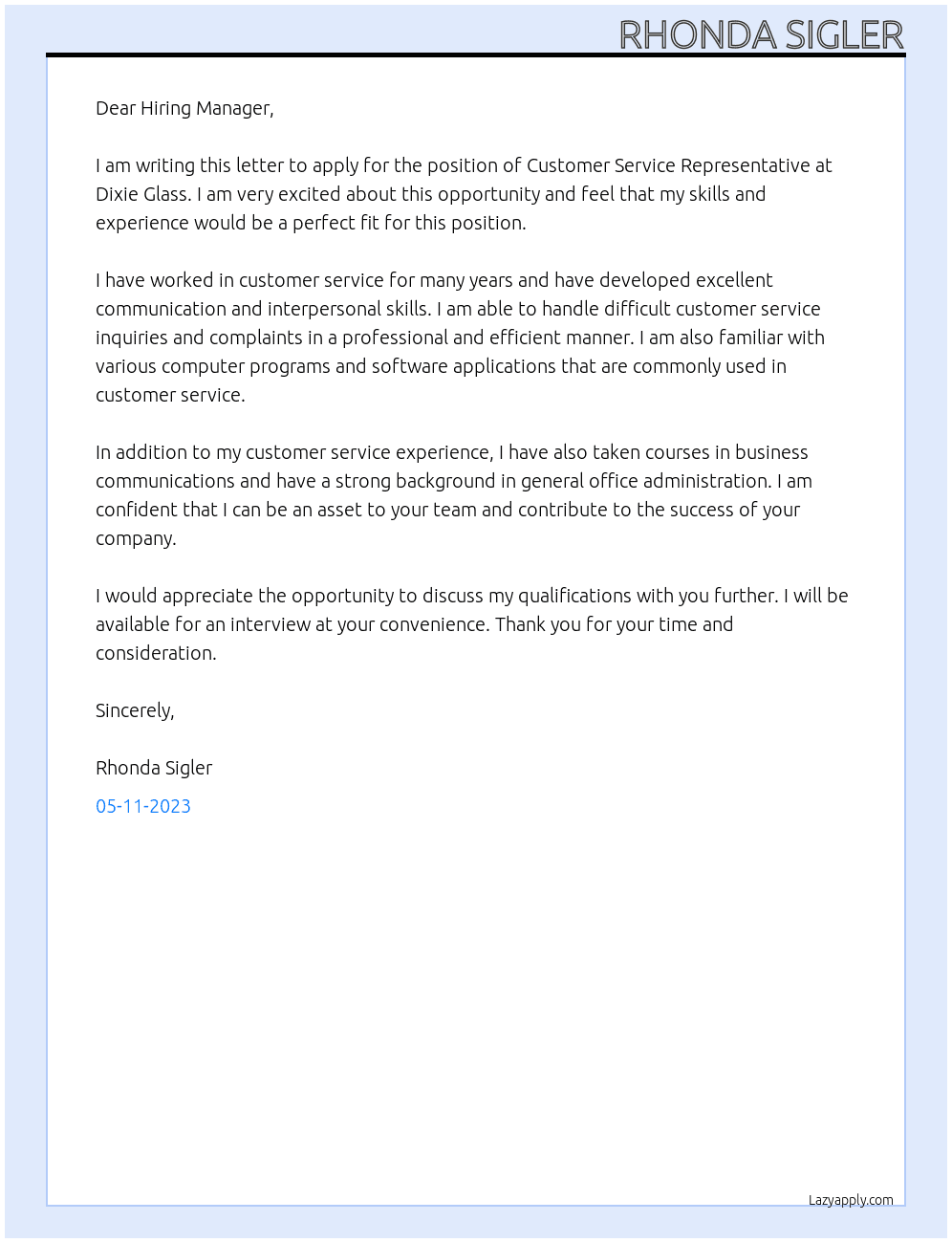 Customer Service Representative At Dixie Glass Cover Letter
