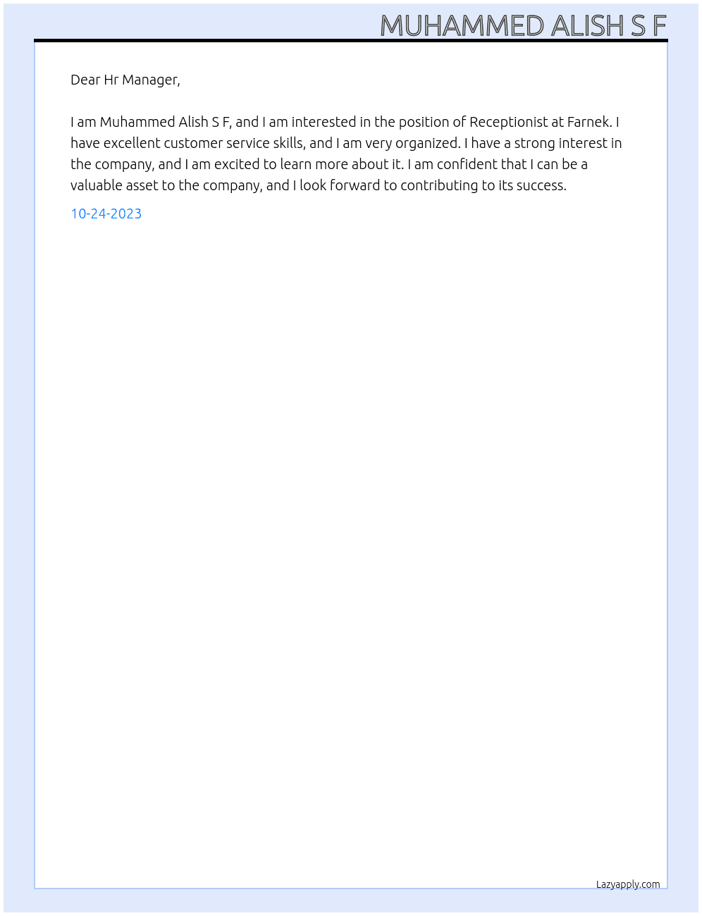 Receptionist  At Farnek  Cover Letter