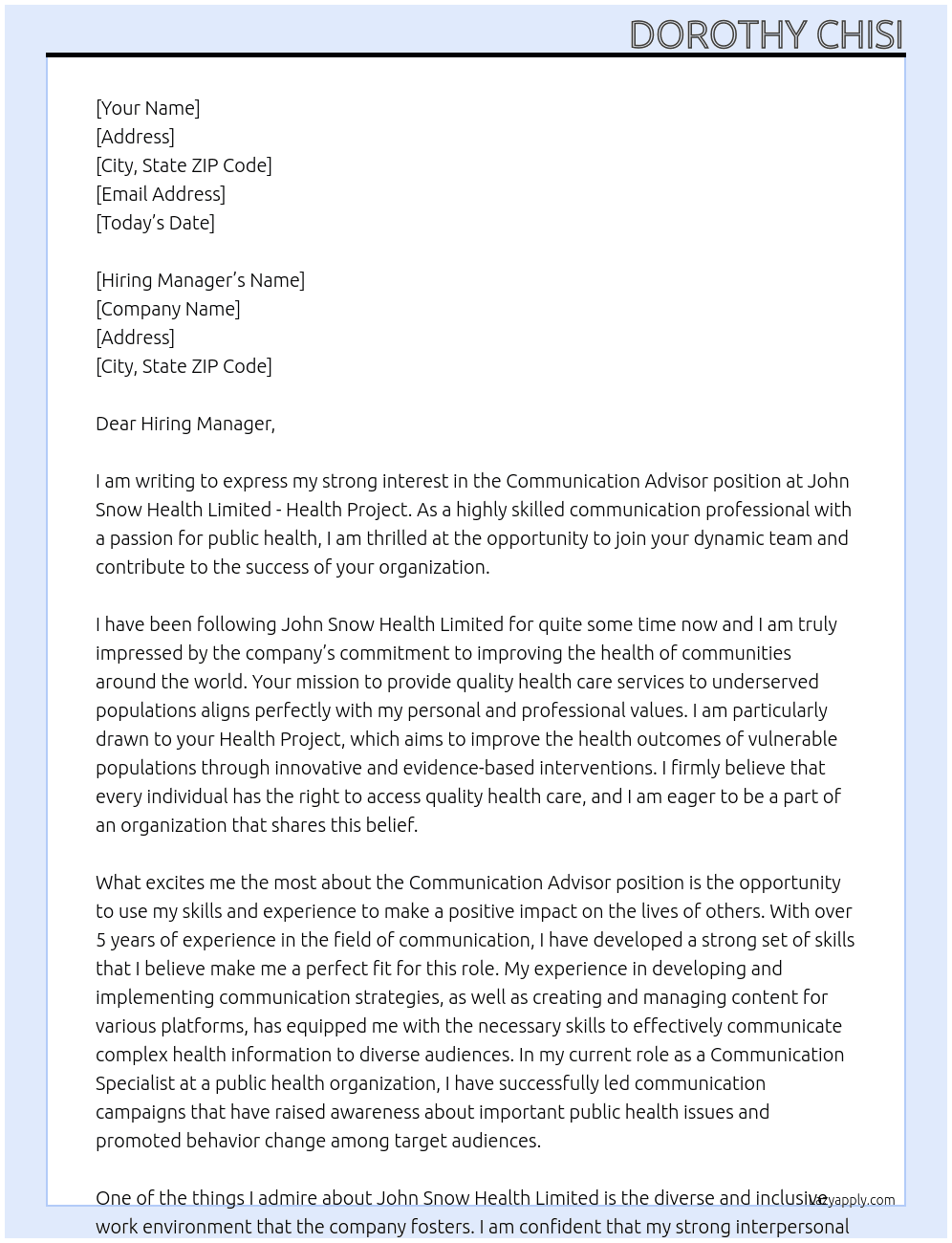 Communication Advisor At John Snow Health Limited -Health Project Cover Letter