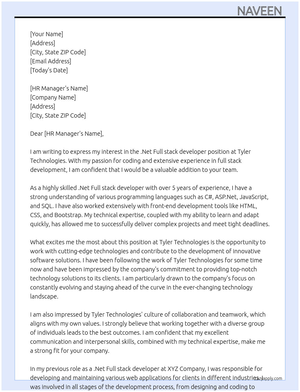 .Net Full stack developer At Tyler technpologies Cover Letter