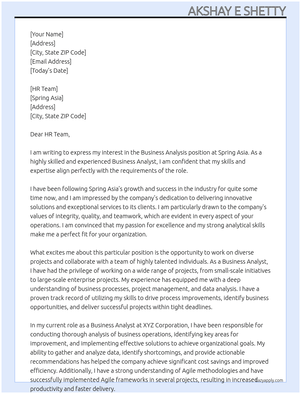 Business Analysis At Spring Asia Cover Letter