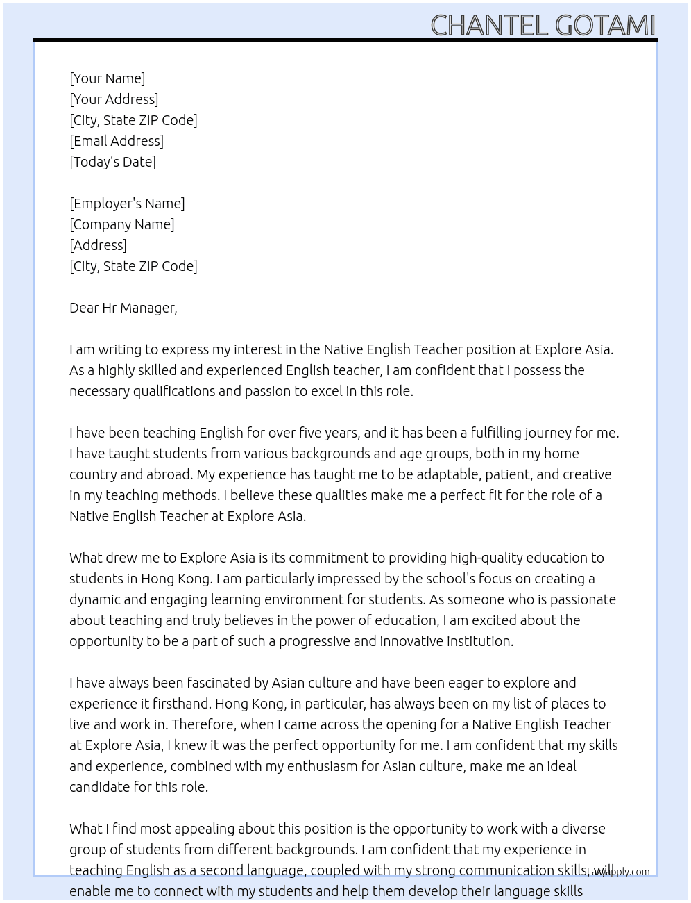 Native English Teacher At Explore Asia Cover Letter
